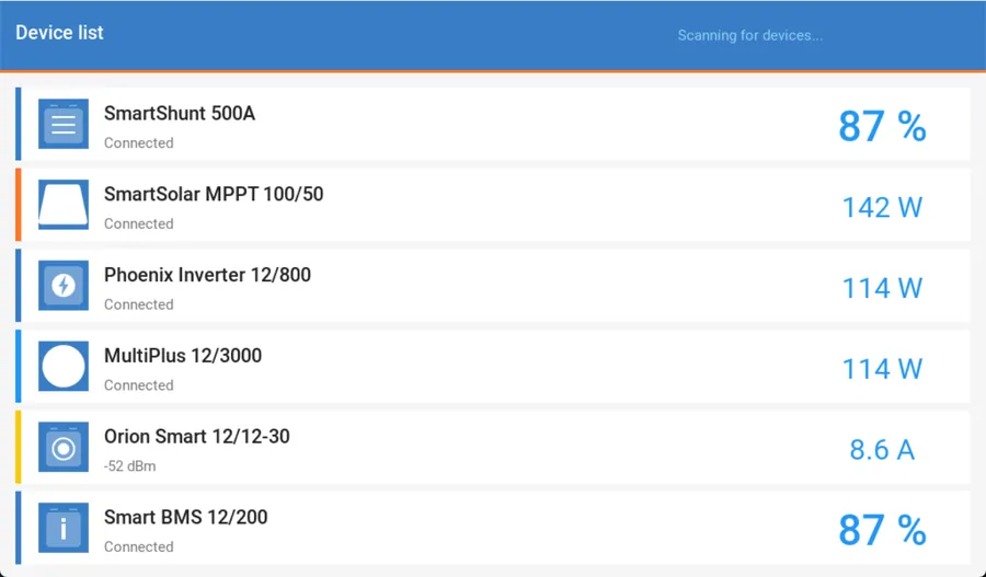 Victron Connect 7 device list